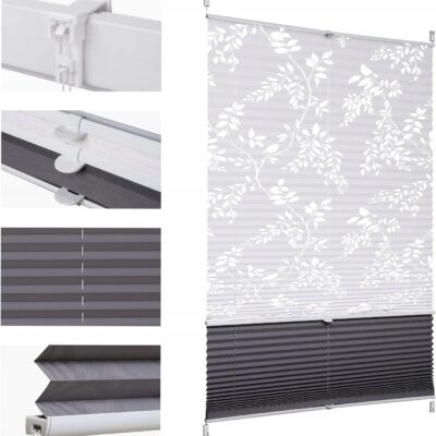 Roleta podwójna plisowana Dzień i noc liście szara 35x100 cm bez wiercenia