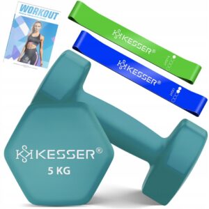 Hantle sześciokątne 2x 5 kg niebieskie z gumową powłoką Kesser