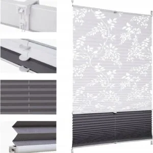 Roleta podwójna plisowana Dzień i noc liście szara 110x130 cm bez wiercenia