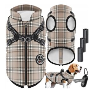 Kurtka dla psa Lovpet XL beżowa w kratę z polarem + worki na odchody