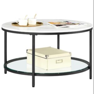 Stolik kawowy marmurowy biały 80 cm szkło hartowane VASAGLE