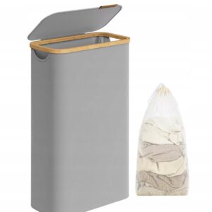 Szary kosz na pranie 65L z pokrywą składany bambusowe uchwyty