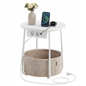Stolik boczny okrągły z USB i gniazdkiem kosz VASAGLE biało-camelowy