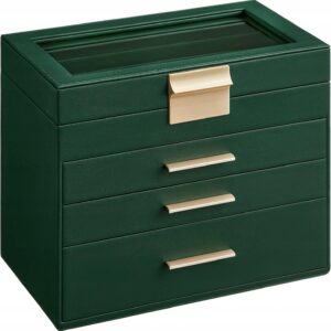 Szkatułka na biżuterię 4 poziomy z szufladami szkło zielona SONGMICS