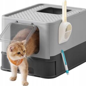 Zamykana kuweta dla kota z wysuwaną tacą szara, higieniczna Feandrea