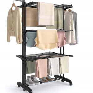 Duża składana suszarka na pranie 4 poziomy na kółkach czarna Songmics