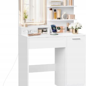 Toaletka z lustrem LED i gniazdkami biała 80 cm VASAGLE