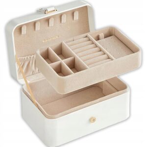 Pudełko na biżuterię podróżne 2 poziomy białe 16 cm SONGMICS
