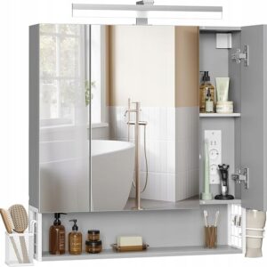 Szafka łazienkowa z lustrem LED gniazda USB wisząca 16,5 x 70 x 75 cm VASAGLE, Biała, Szara