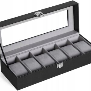Pudełko na 6 zegarków aksamit szklana pokrywa zamykane Songmics