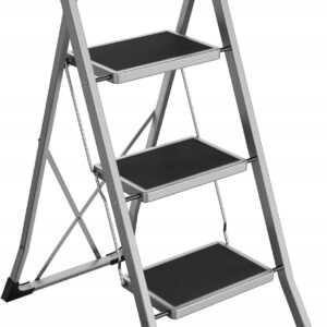 Drabina składana 3 stopnie antypoślizgowa 150 kg stalowa szara SONGMICS