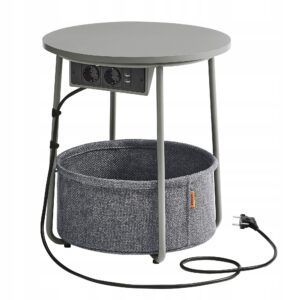 Stolik boczny okrągły z gniazdkiem USB kosz loft 45 cm szary VASAGLE