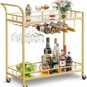 Wózek barowy na kółkach złoty 2 półki szkło uchwyt na kieliszki VASAGLE