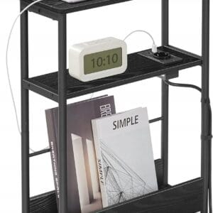 Wąski stolik nocny z gniazdkiem i USB 3 półki czarny VASAGLE