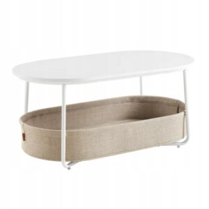 Stolik kawowy owalny z koszem materiałowym biało brązowy VASAGLE