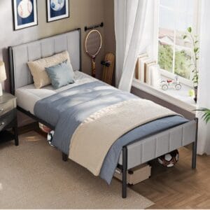 Rama łóżka metalowe 90x190 z tapicerowanym zagłówkiem szare VASAGLE