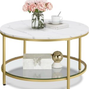 Stolik kawowy marmur szkło hartowane złote nogi nowoczesny VASAGLE